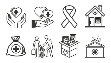 Minimal Charity & Donation Line Icons – Helping Hands, Donations & Community Support Symbols