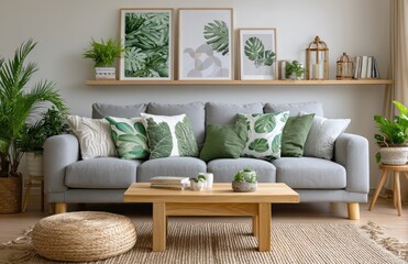 Green plants in a modern living room with a grey sofa and wooden coffee table near a window, white walls decorated with posters of leaves and abstract shapes