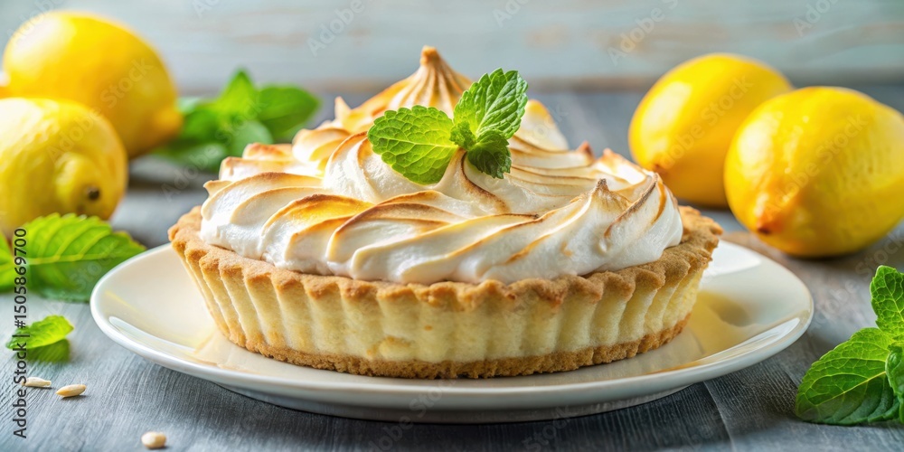 Poster a single lemon tart topped with meringue and a sprig of mint, served on a white plate on a rustic wo