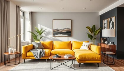 Fototapeta premium Modern Yellow Sectional Sofa in Bright Living Room