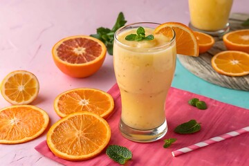 Fototapeta premium Refreshing orange smoothie with mint garnish