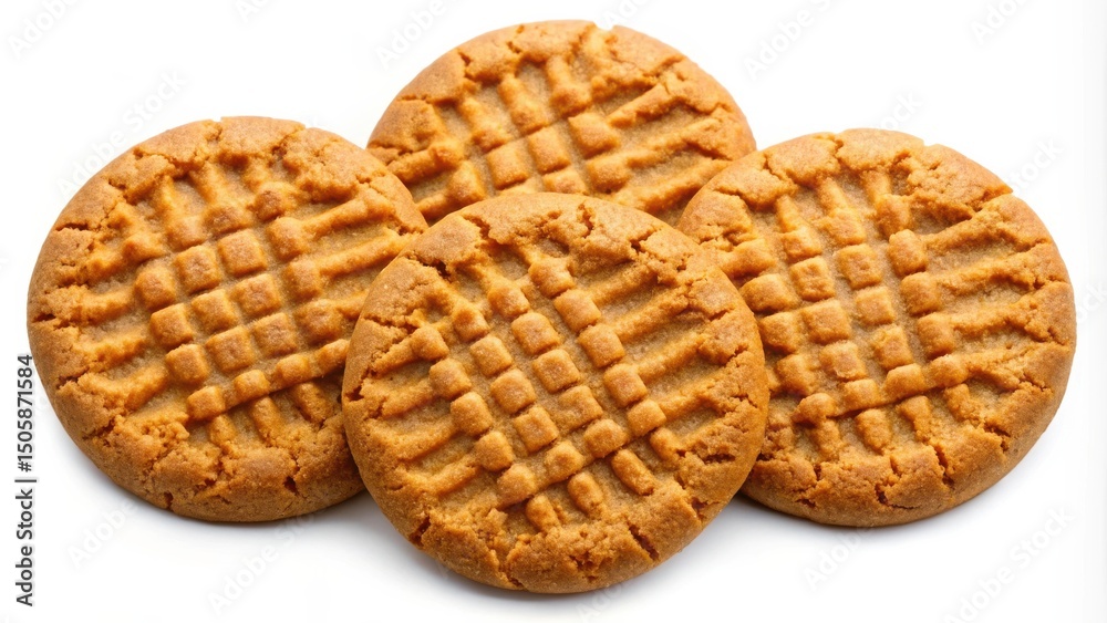 Poster A group of four peanut butter cookies with a criss-cross pattern on top, isolated on a white background.
