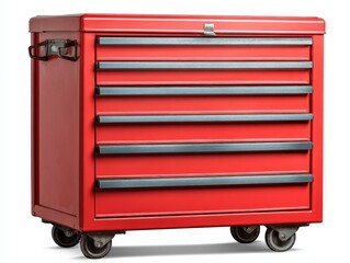 Red metal tool chest with six drawers on wheels.