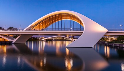 Obraz premium Elegant Modern Bridge Reflecting in Calm Water at Dusk