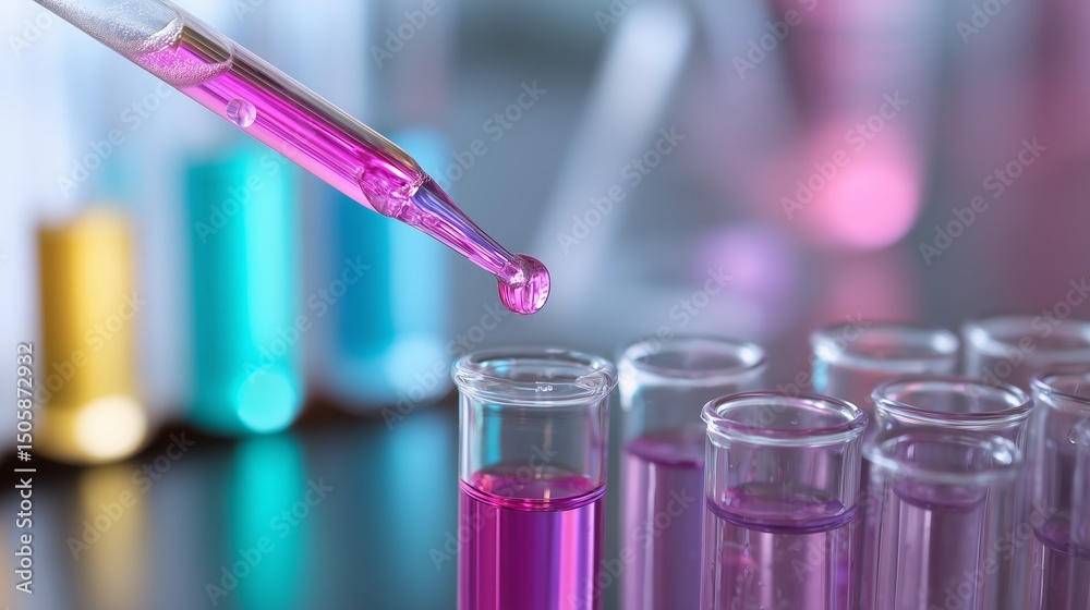 Poster laboratory experiment with pipette and colorful test tubes showing science in action