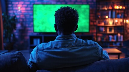 Man watching green screen TV at night in living room (1)