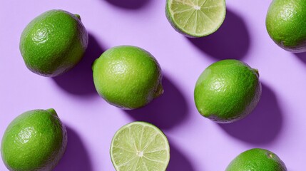 green limes on soft purple background, top view, banner, citrus