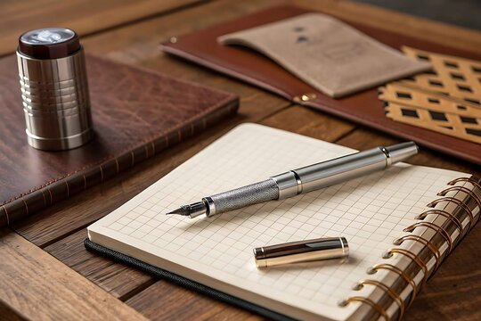 Elegant fountain pen and notebook on wooden desk