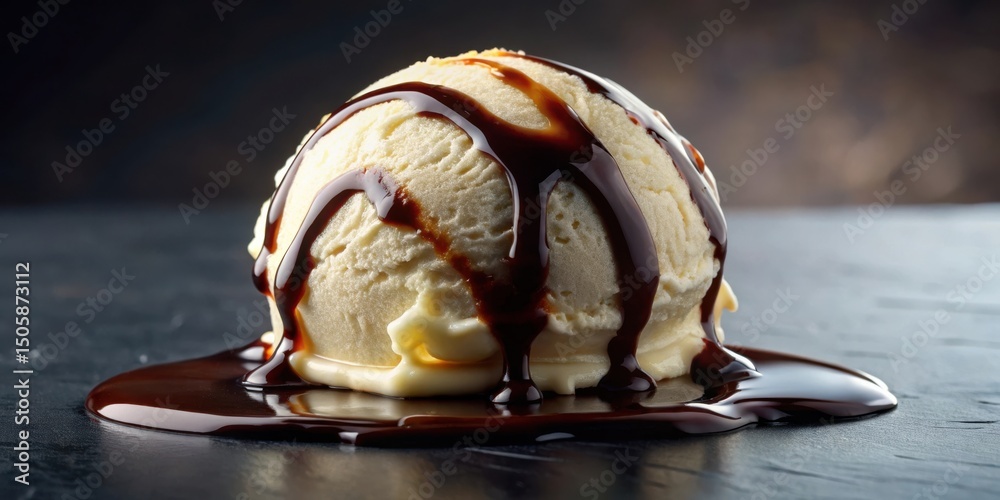 Aufkleber a single scoop of vanilla ice cream drizzled with rich chocolate sauce and melted into a pool of dec