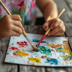 Child painting colorful abstract art with brushes on paper