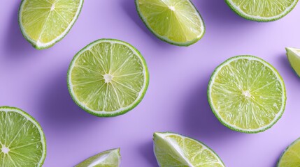 slices of green limes on soft purple background top view