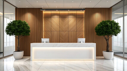 Modern office reception area design with white marble counter and decorative wooden wall panels and indoor trees