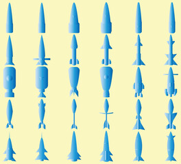 Bullet rocket missile millitary icon, Set icon of gaming millitary weapon logo. Vector nuclear atomic bomb.