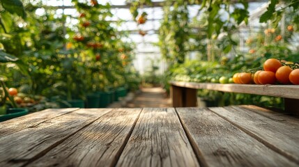 wooden surface in the foreground, greenhouse with tomatoes in the background, copy space