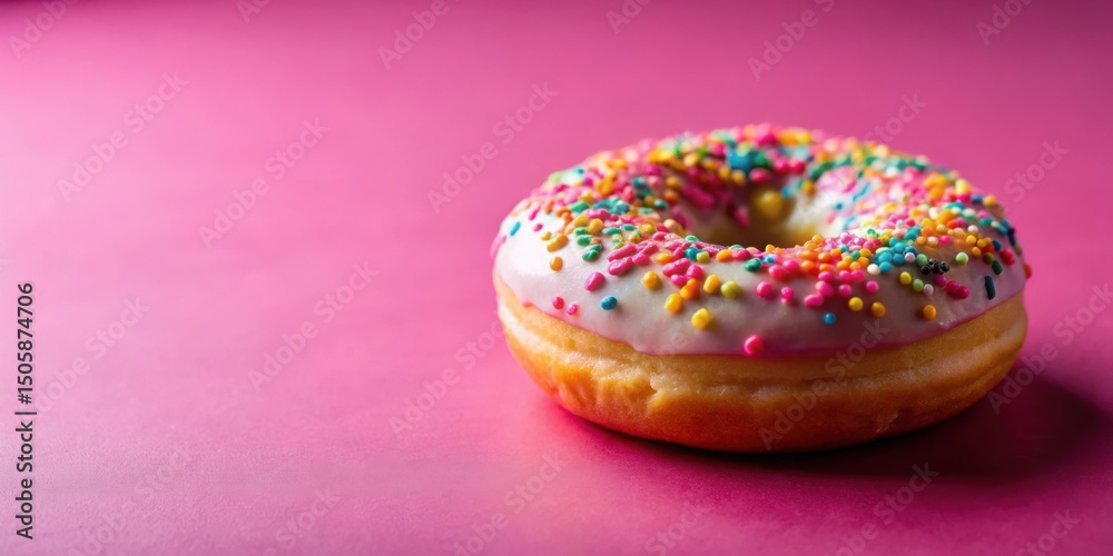 Poster a sugary donut with white frosting and colorful sprinkles resting on a bright pink surface