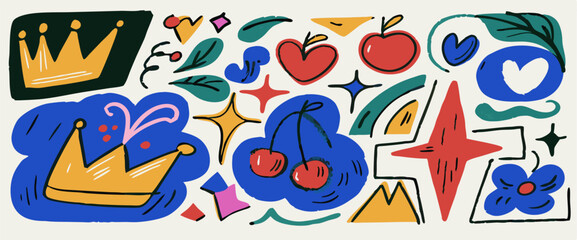 Naklejka premium Hand-drawn Colorful Doodle Collection: Crowns, Hearts, Fruit & More