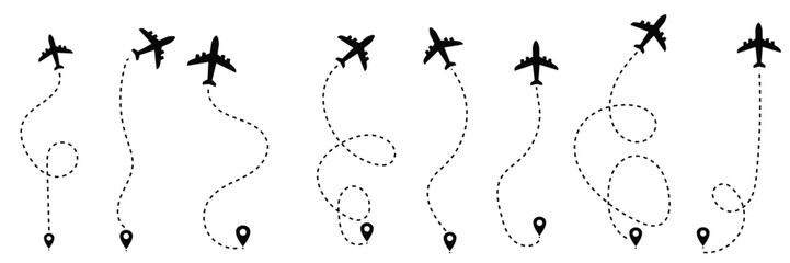 Airplane Route Vector Icons Set – Flight Path, Navigation, and Travel Map Symbols