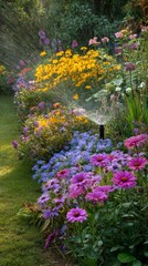 Obraz premium Colorful Garden in Full Bloom With Sprinkler Watering Flowers on a Sunny Day.