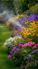 Obraz premium Colorful Garden Filled With Vibrant Flowers and Gentle Sprinklers in a Serene Setting
