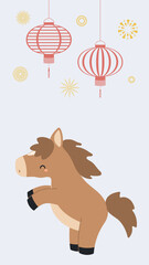 Fototapeta premium 2026 Chinese Lunar New Year cute horse social media story template, lanterns, fireworks. Flat vector illustration. Zodiac sign, animal character. CNY, Seollal, Tet holiday elements, post layout