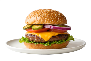 Hamburger on a white background/ Classic Cheeseburger on a White Plate.