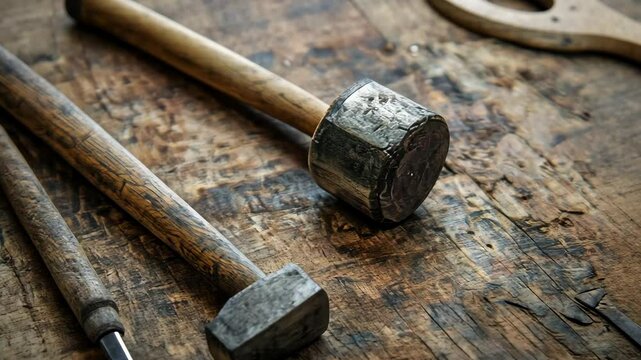 Rustic tools on weathered wood table: hammer and chisel in motion
