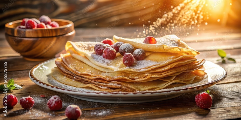 Poster a stack of golden pancakes dusted with powdered sugar and topped with fresh berries, bathed in a sof