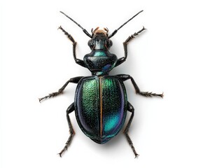 Close-up of a vibrant green and black beetle against a stark white background.