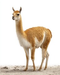 A graceful vicuña, a South American camelid, stands against a stark white background.
