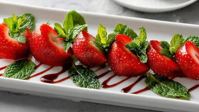 Juicy strawberries served with fresh mint leaves and drizzled syrup on a white rectangular plate for a refreshing dessert.