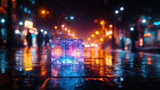 Illuminated cube on wet city street at night