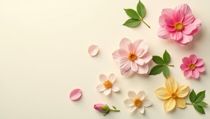 Scattered single blooms, light green leaves on cream, summer, floral pattern