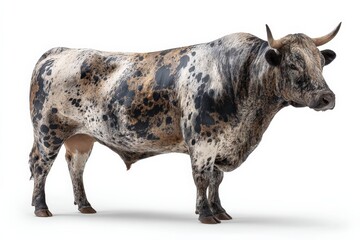 A striking, spotted bull stands against a white background.