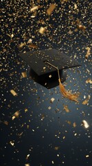 Graduation Cap With Gold Confetti Floating in Dark Background Celebrates Achievement and Success.