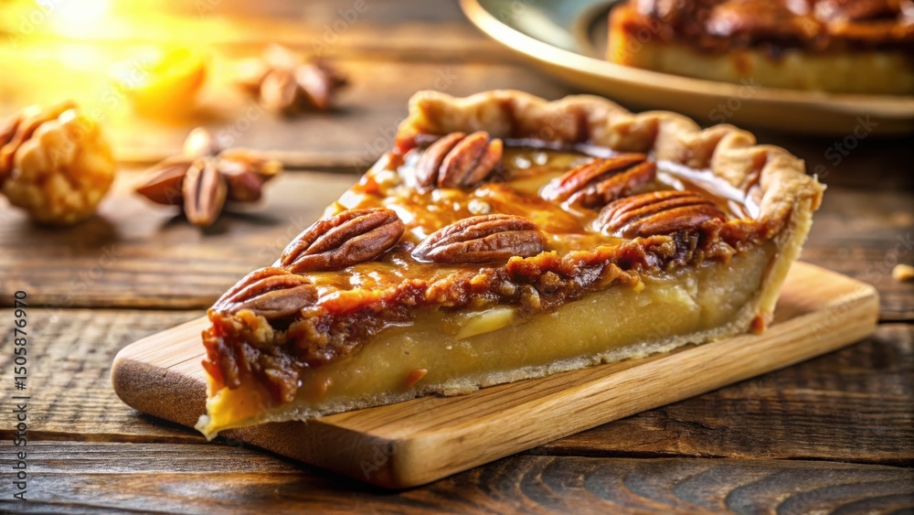 Poster a slice of pecan pie with a golden brown crust and a rich caramel filling, adorned with pecan nuts, 