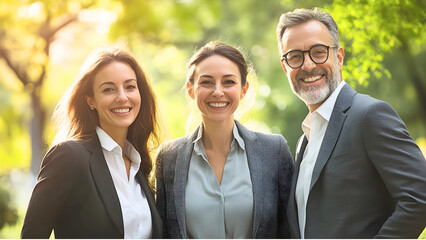 Smiling business team of three posing outdoors in a sunny park setting