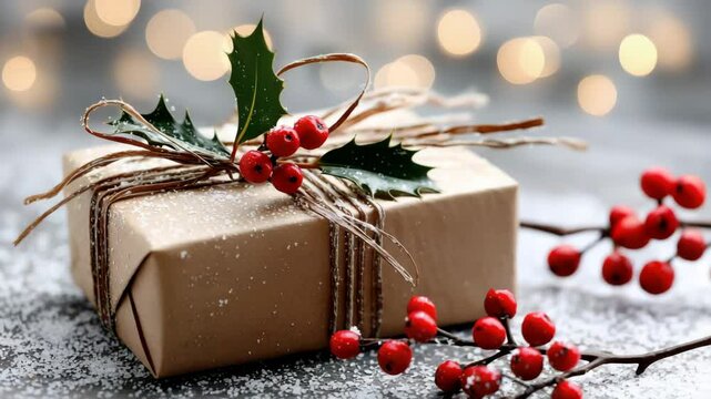Festive Christmas present wrapped in brown paper with holly leaves and red berries, decorated with twine on a snowy surface.