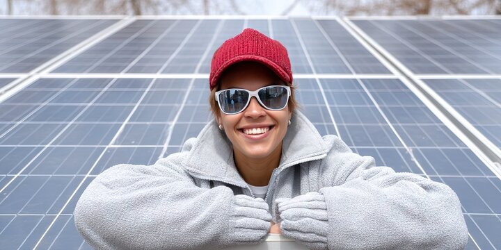 dynamic angle photo of friendly solar female photovoltaic installer, dynamic pose 