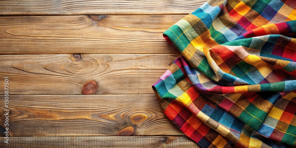 Aufkleber a vibrant checkered cloth draped over a rustic wooden surface, creating a visually captivating compo