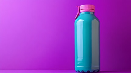 The turquoise water bottle, complete with a pink lid, stands out against a bold purple background, highlighting its sleek modern aesthetic