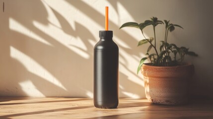 In a minimalist indoor setting, a black stainless steel water bottle with an orange straw exudes style and sophistication