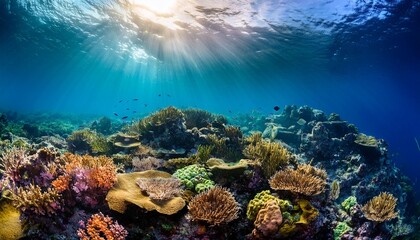 Naklejka premium vibrant coral reef thriving underwater with sunlight filtering through waves