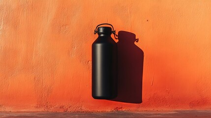 Prominently displayed against a vibrant orange background is a black insulated water bottle