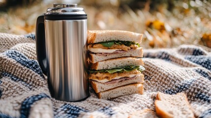 A shiny thermos and stacked sandwiches are among the picnic essentials placed on a soft blanket