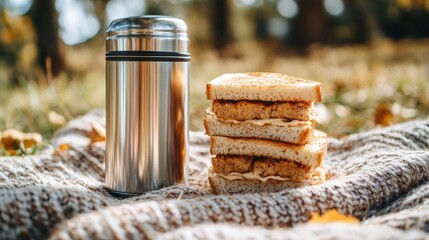 The picnic setup consists of a shiny thermos, stacked sandwiches, and a soft blanket