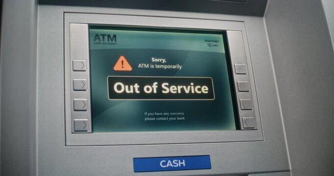 ATM Machine Screen Displaying Error Message Due to System Failure. Out of Service Cash Machine, Banking Transactions Temporarily Unavailable. Broken Banking Equipment, Server Not Working. Close Up.