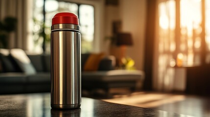 On a clean surface and in a brightly lit area, a stainless steel thermos with a red cap is standing upright