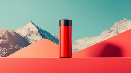 In a studio setting, a creative composition is formed with a thermos placed against a mountainous backdrop and contrasting colors