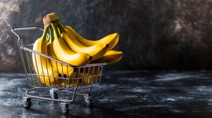 Playful consumerism in a contemporary environment is depicted through the image of a shopping cart holding bright yellow bananas on a dark-colored surface