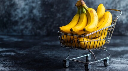 In a modern setting, the idea of playful consumerism is visually represented by a shopping cart that contains bright yellow bananas sitting on a dark surface